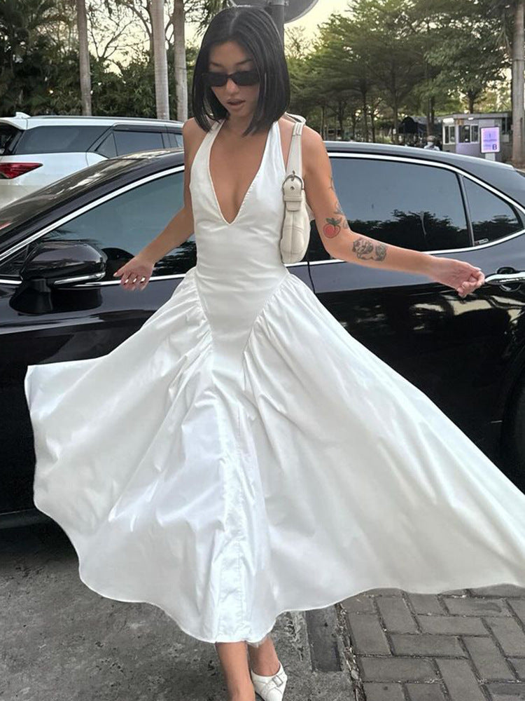 2026 Summer Satin Look Halter Maxi Dress Women Deep V Open Back Flowy Swing Elegant Long Party Dress
