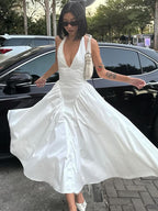 2026 Summer Satin Look Halter Maxi Dress Women Deep V Open Back Flowy Swing Elegant Long Party Dress