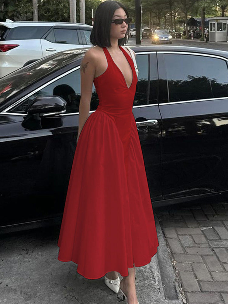 2026 Summer Satin Look Halter Maxi Dress Women Deep V Open Back Flowy Swing Elegant Long Party Dress