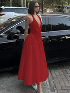 2026 Summer Satin Look Halter Maxi Dress Women Deep V Open Back Flowy Swing Elegant Long Party Dress