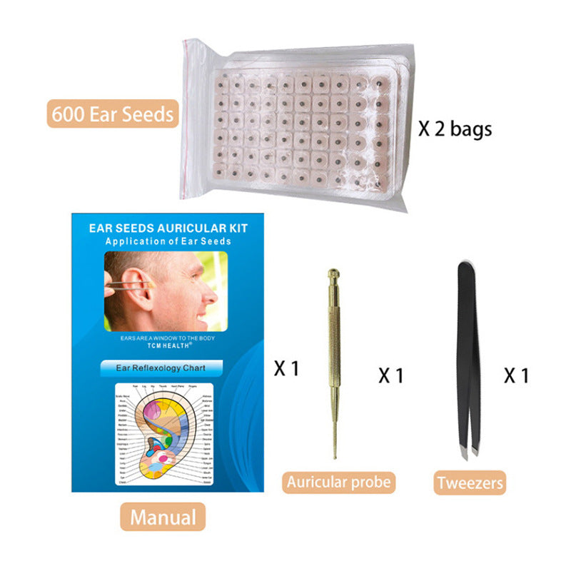 Multi-Condition Ear Seeds Acupuncture Kit 600 Counts, eBook Placement Chart, Probe, Acupressure Ear Chart, Tweezers