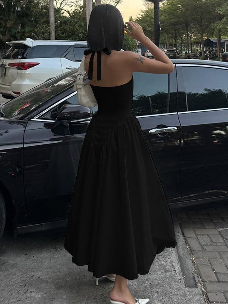 2026 Summer Satin Look Halter Maxi Dress Women Deep V Open Back Flowy Swing Elegant Long Party Dress