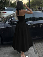2026 Summer Satin Look Halter Maxi Dress Women Deep V Open Back Flowy Swing Elegant Long Party Dress