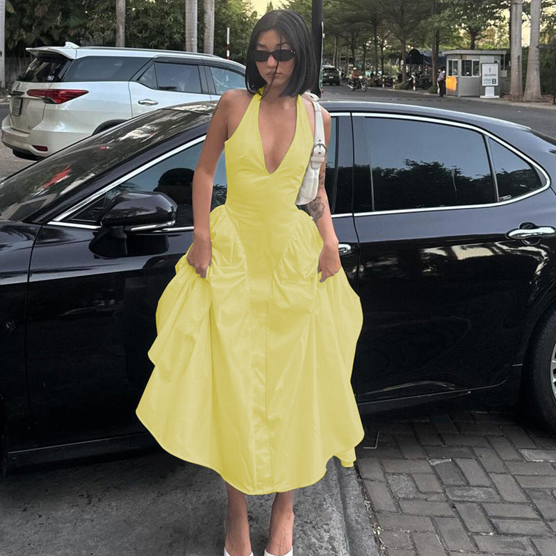2026 Summer Satin Look Halter Maxi Dress Women Deep V Open Back Flowy Swing Elegant Long Party Dress