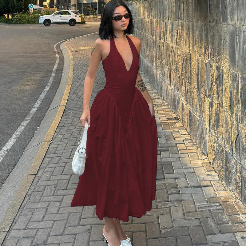 2026 Summer Satin Look Halter Maxi Dress Women Deep V Open Back Flowy Swing Elegant Long Party Dress