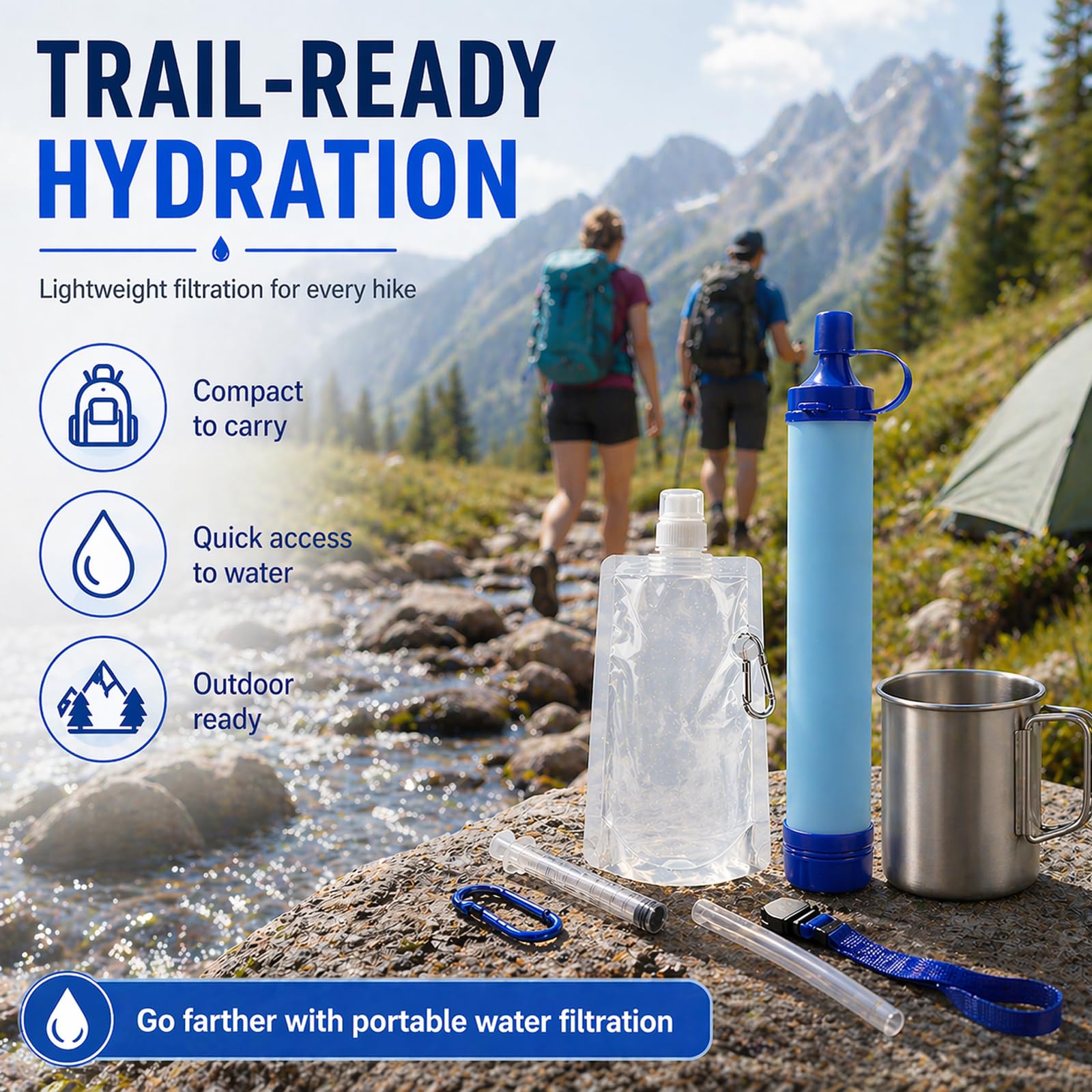 Water Filter, Survival Filtration Portable Gear, Emergency Preparedness, Supply for Drinking Hiking Camping Team Family Outing