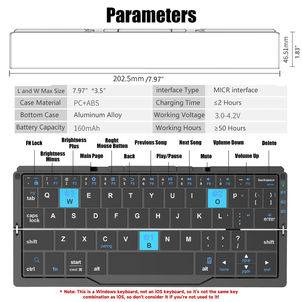 BOW Foldable Bluetooth Keyboard with Magnetic Stand,Free shipping,Aluminum Alloy Mini Quiet Folding Portable Lightweight Travel Rechargeable Pocket for Tablet,iPad, Phones