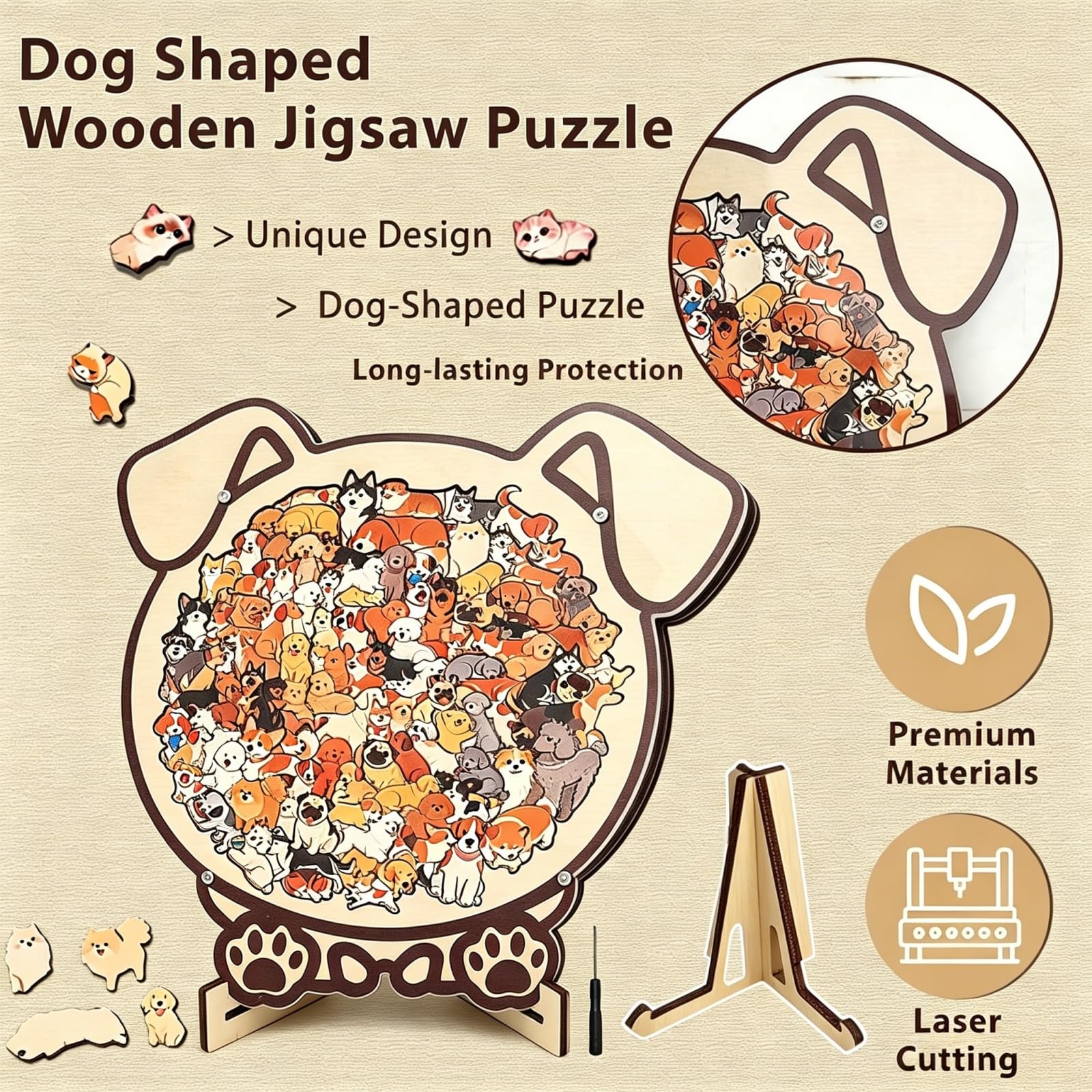 Dog Shaped/Cat Shaped Wooden Jigsaw Puzzle, 92-143 Pieces Thick Wood Puzzle with Acrylic Cover & Frame, Colorful Cute Animal Dog Puzzle, Decorative Puzzle Gift for Dog Lovers, Home Wall Decor