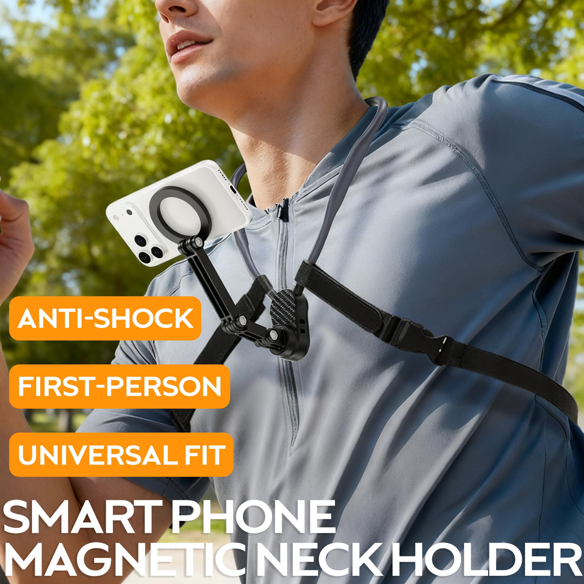 Magnetic Neck Mount for Phones and Cameras, POV/Vlog Recording Selfie Hand Free Neck Mount, Cooking/Riding Video Fliming, Anti-Shake Chest Strap, for iPhone Android, 360° Adjustable