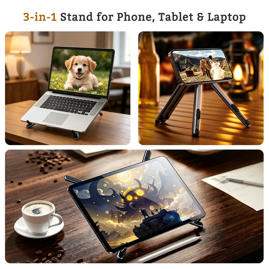 3-in-1 Magnetic Laptop Phone Tablet Adjustable Aluminum Stand | 8-Tier Ergonomic Lift Design, N55 Strong Magnetic, Infinite Multi-angle, Portable Pocket Size for Travel Vlog Office Zoom
