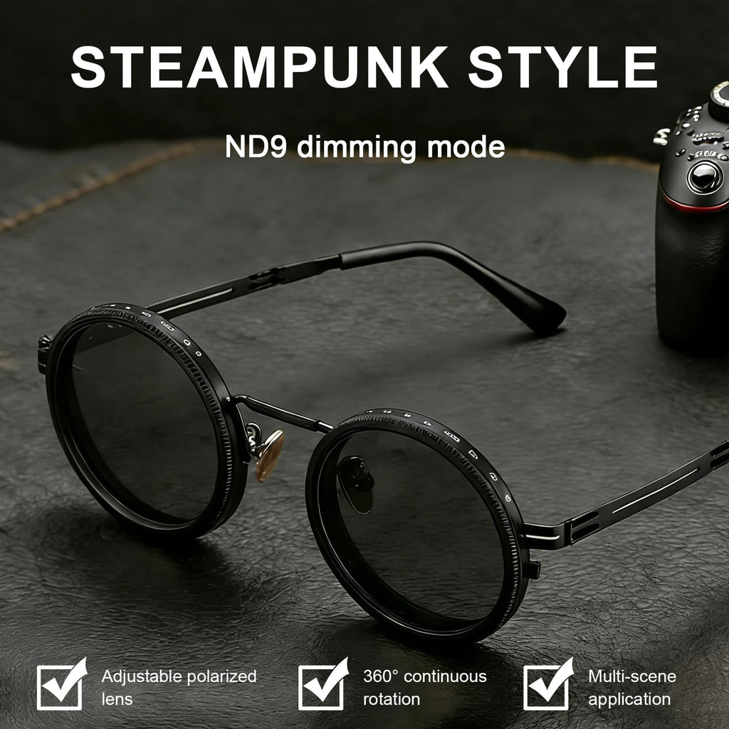 Adjustable Tint Sunglasses, 1–9 Gear Manual Dimming Polarized UV400, Retro Round Metal Frame Steampunk Sunglasses