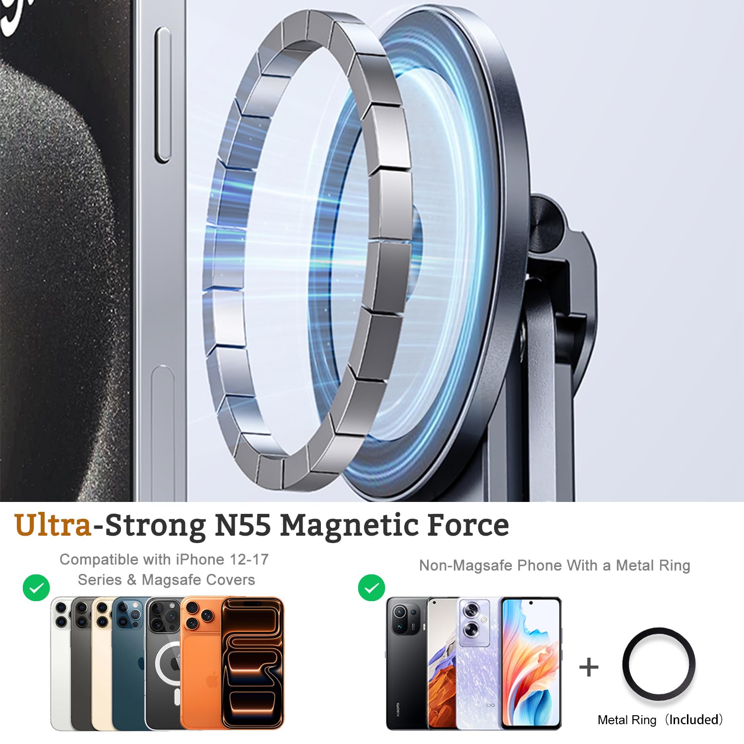 3-in-1 Magnetic Laptop Phone Tablet Adjustable Aluminum Stand | 8-Tier Ergonomic Lift Design, N55 Strong Magnetic, Infinite Multi-angle, Portable Pocket Size for Travel Vlog Office Zoom
