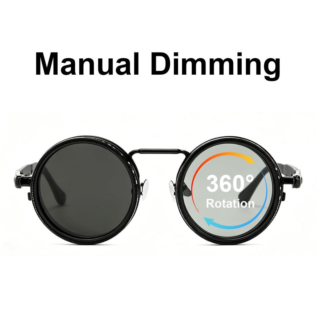 Adjustable Tint Sunglasses, 1–9 Gear Manual Dimming Polarized UV400, Retro Round Metal Frame Steampunk Sunglasses