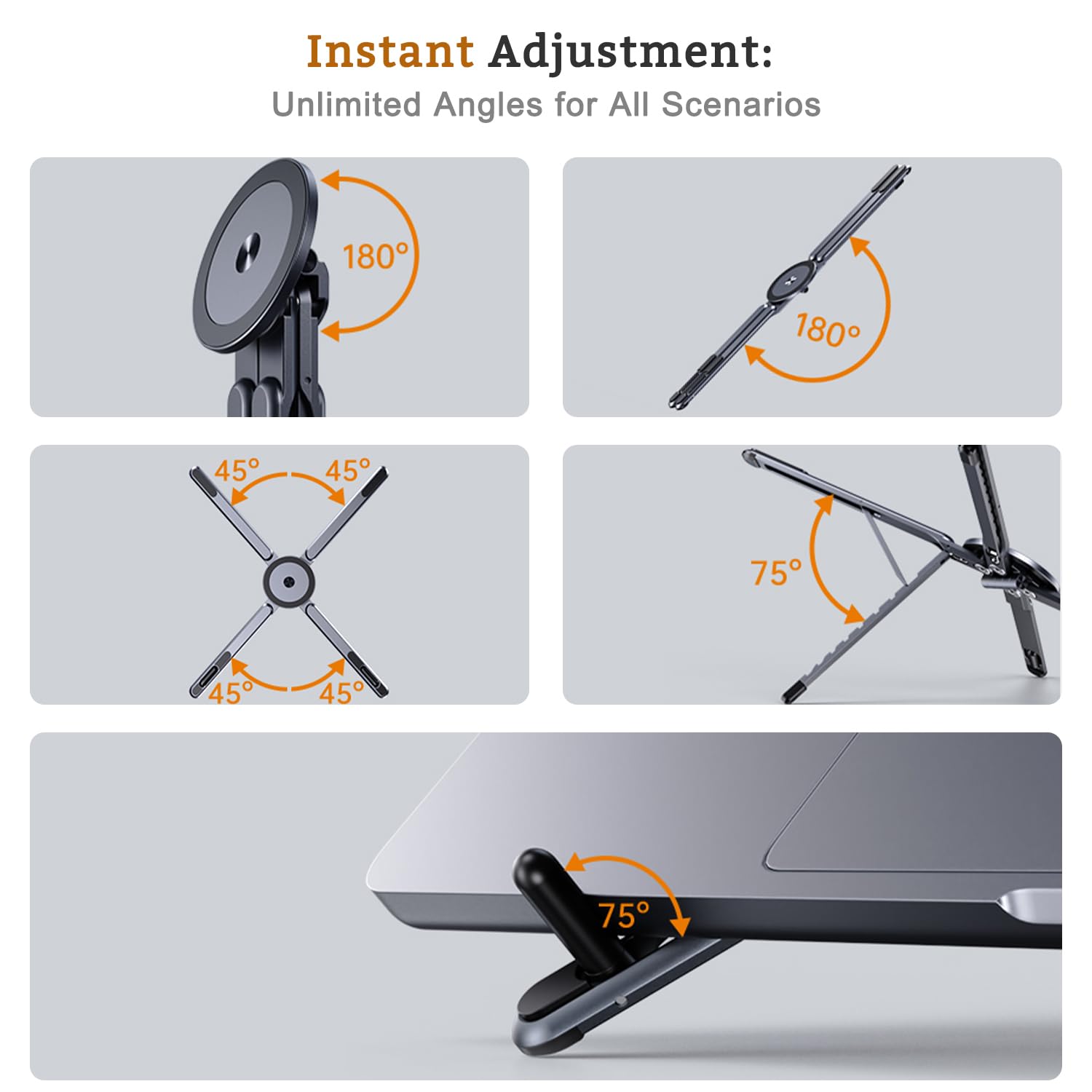 3-in-1 Magnetic Laptop Phone Tablet Adjustable Aluminum Stand | 8-Tier Ergonomic Lift Design, N55 Strong Magnetic, Infinite Multi-angle, Portable Pocket Size for Travel Vlog Office Zoom
