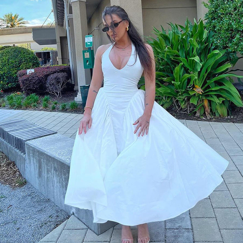 2026 Summer Satin Look Halter Maxi Dress Women Deep V Open Back Flowy Swing Elegant Long Party Dress