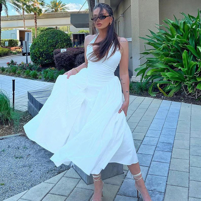 2026 Summer Satin Look Halter Maxi Dress Women Deep V Open Back Flowy Swing Elegant Long Party Dress