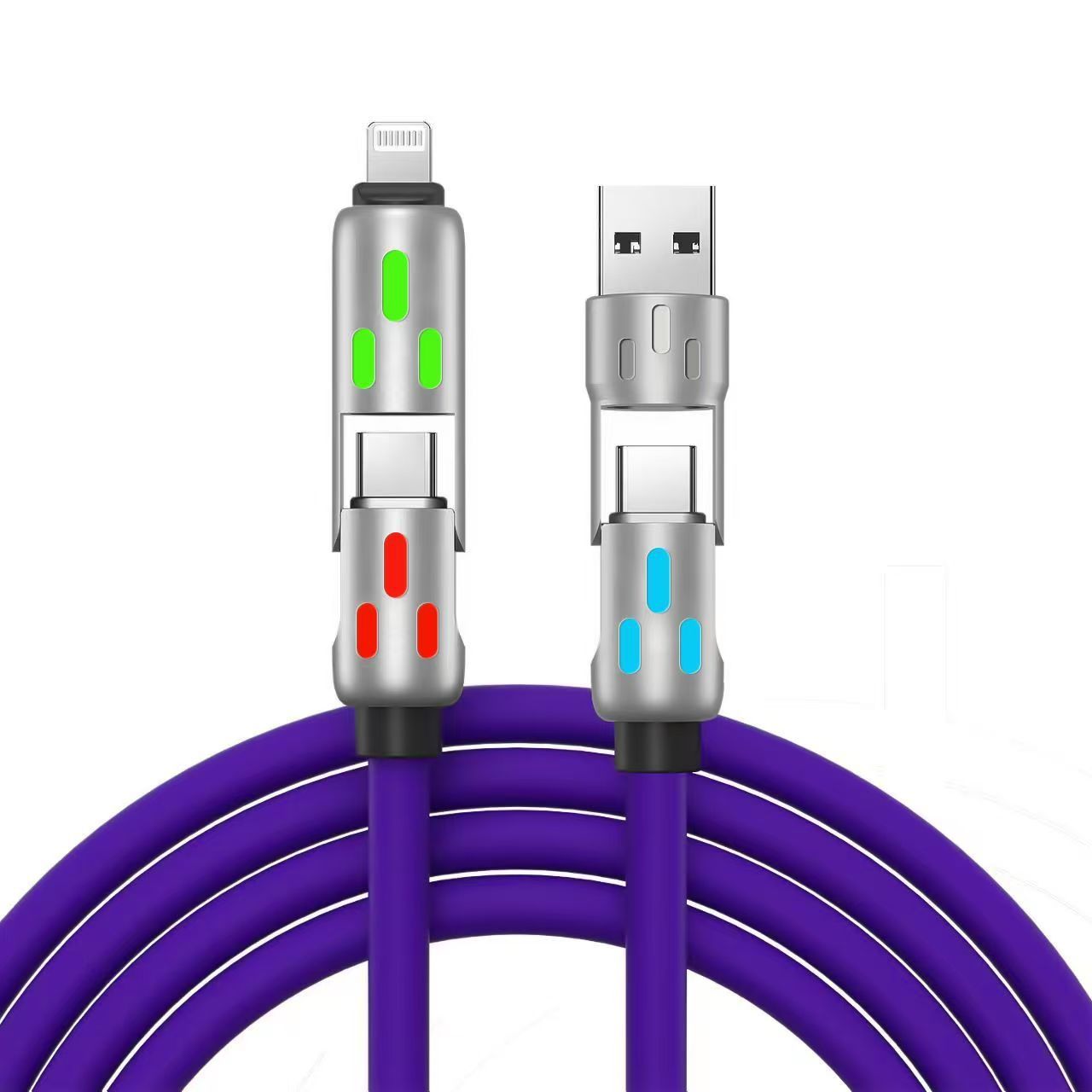 2pcs,240W 4-in-1 USB C Multi Charger Cable with LED Indicator,6.6ft, PD 5A Fast Charging & Data Sync, Silicone, Compatible for iPhone, Samsung, Laptop