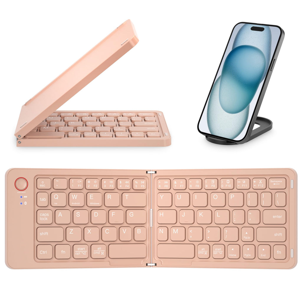 Mini Foldable Bluetooth Keyboard with a free phone holder - Portable Wireless Full Size Keyboard (Sync Up to 3 Devices), Ultra-Slim Aluminum Travel Folding Keyboards for iPhone iPad Mac Android Windows iOS