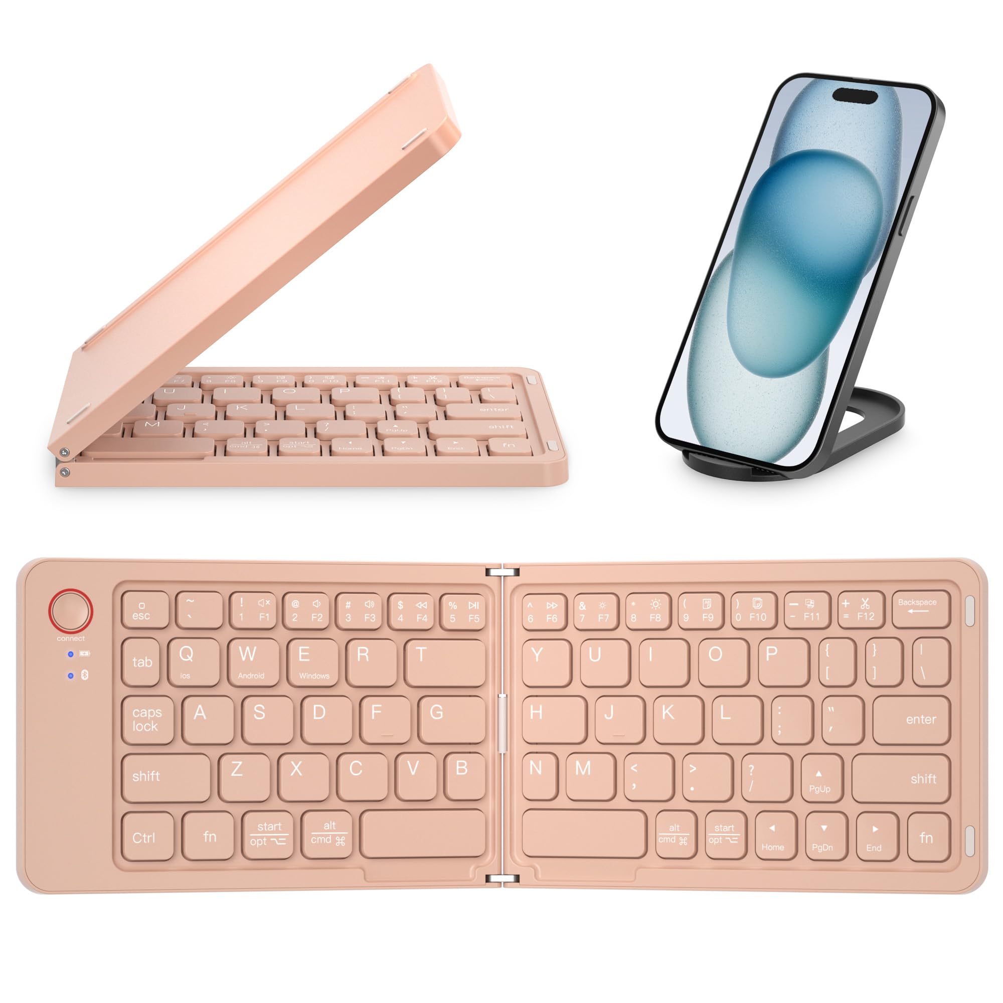 Mini Foldable Bluetooth Keyboard with a free phone holder - Portable Wireless Full Size Keyboard (Sync Up to 3 Devices), Ultra-Slim Aluminum Travel Folding Keyboards for iPhone iPad Mac Android Windows iOS