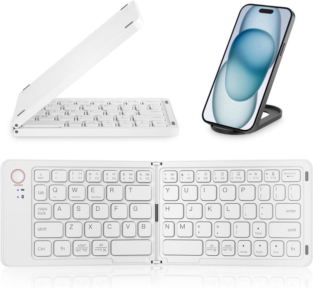 Mini Foldable Bluetooth Keyboard with a free phone holder - Portable Wireless Full Size Keyboard (Sync Up to 3 Devices), Ultra-Slim Aluminum Travel Folding Keyboards for iPhone iPad Mac Android Windows iOS