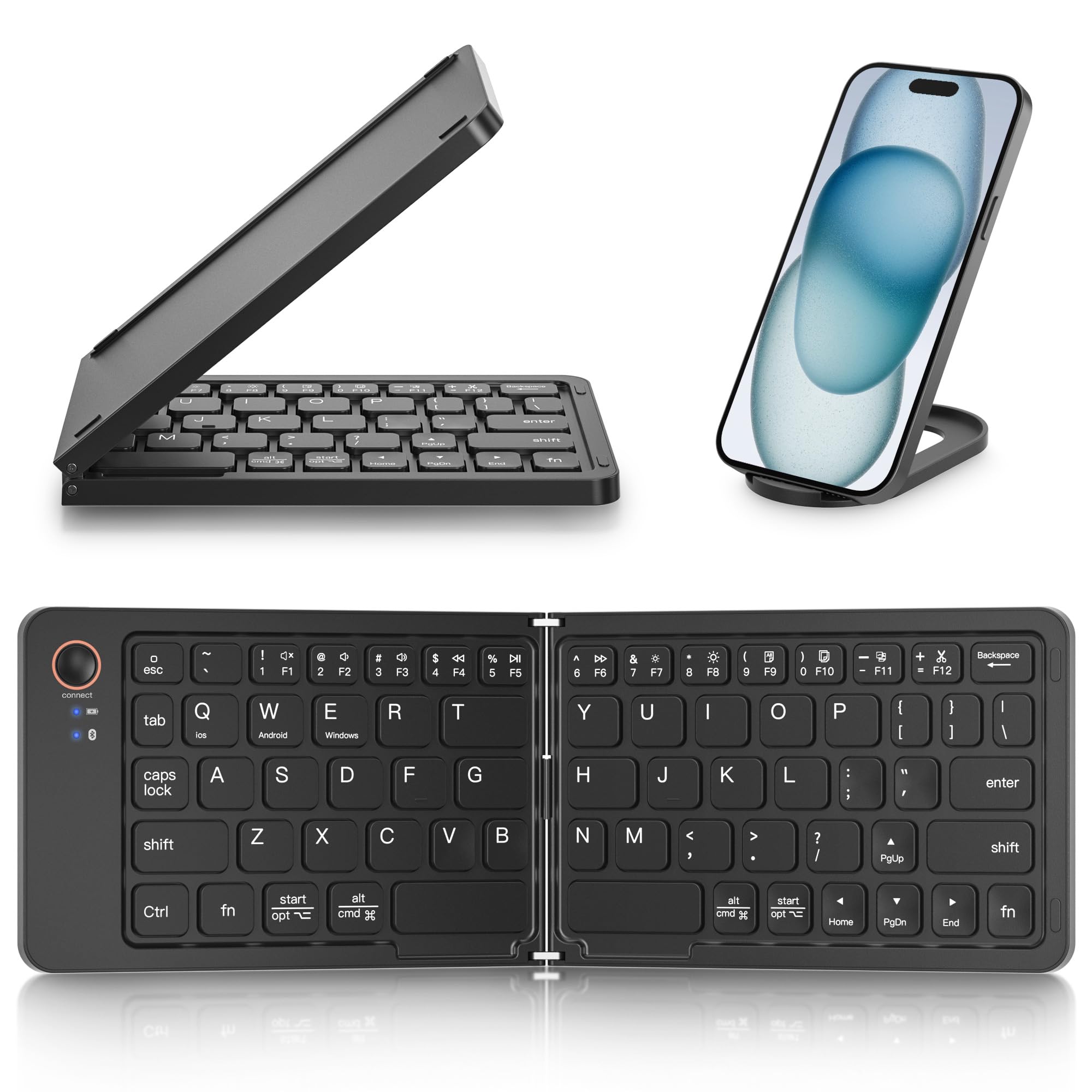 Mini Foldable Bluetooth Keyboard with a free phone holder - Portable Wireless Full Size Keyboard (Sync Up to 3 Devices), Ultra-Slim Aluminum Travel Folding Keyboards for iPhone iPad Mac Android Windows iOS