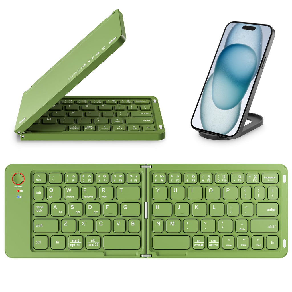 Mini Foldable Bluetooth Keyboard with a free phone holder - Portable Wireless Full Size Keyboard (Sync Up to 3 Devices), Ultra-Slim Aluminum Travel Folding Keyboards for iPhone iPad Mac Android Windows iOS