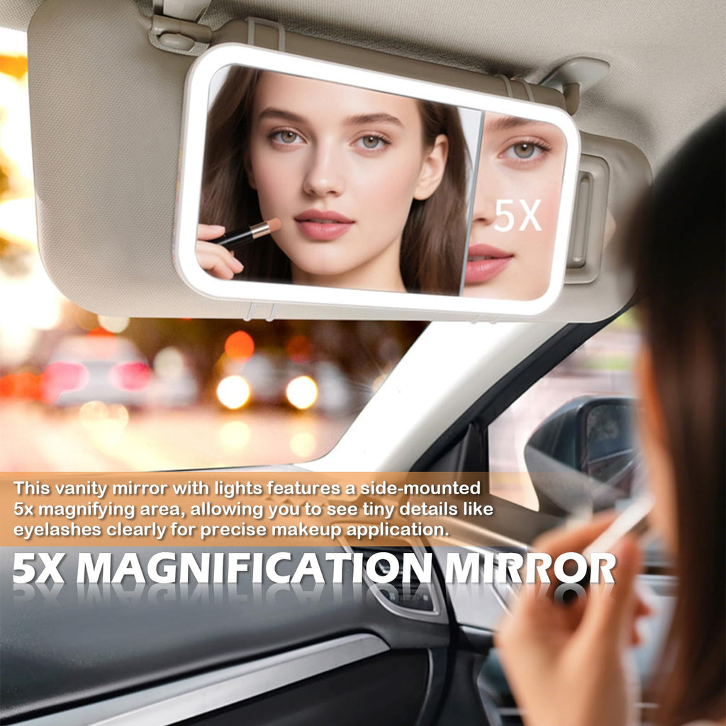 Car Sun Visor Vanity Mirror, 3 Light Modes, Rechargeable Dimmable Touch Screen Travel Makeup Mirror,Universal for Truck SUV-Car Accessories Essentials for Women(White/Pink）